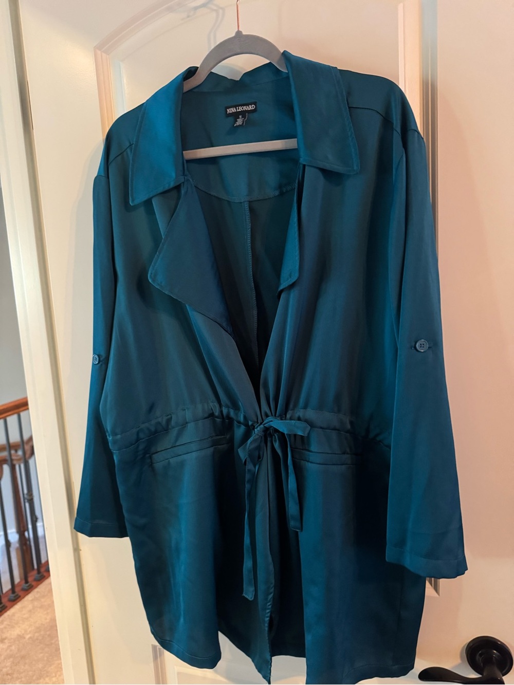 Nina Leonard Teal Drawstring Trench Coat